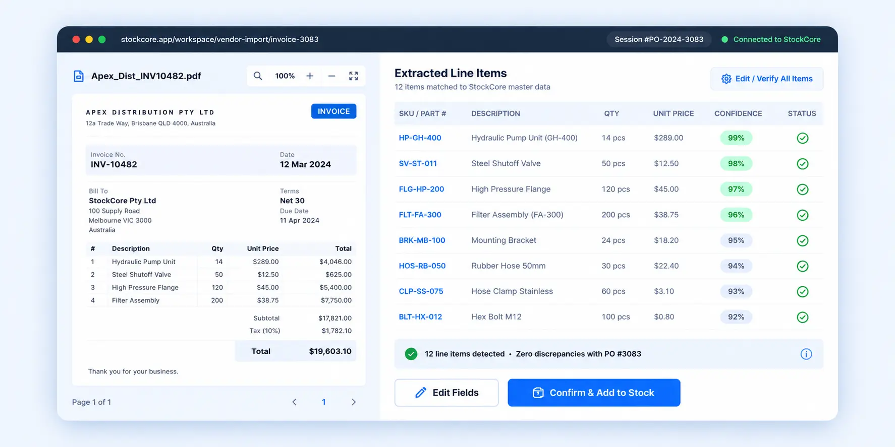 StockCore scan and import workspace showing a supplier invoice beside extracted inventory line items