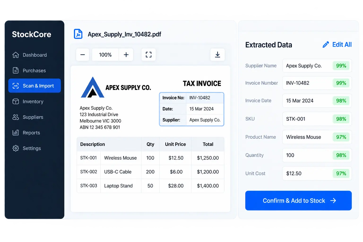 StockCore scan and import document extraction dashboard